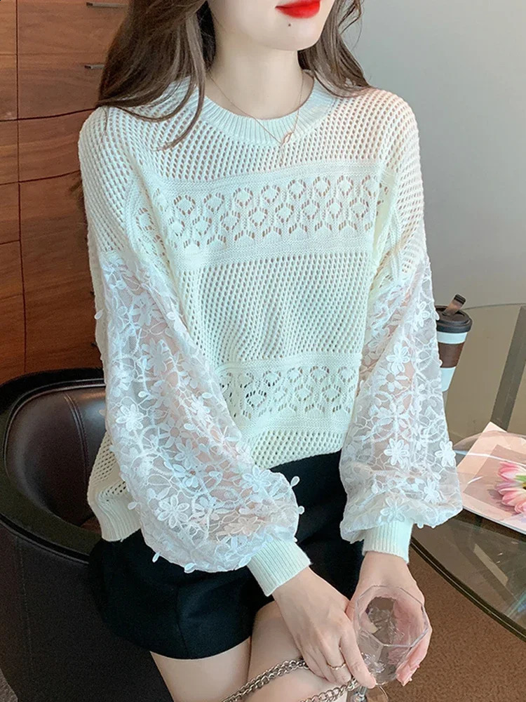 Women White Gothic Knitted Torn Pullover Sweater Harajuku Korean 90s Y2k Long Sleeves Jumper Sweaters Emo Vintage 2000s Clothes 240812