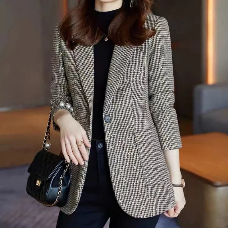 Spring fashion sequins houndstooth Ms. Suit spring thickening casual jacket blazer women tweed chaqueta de mujer 240812