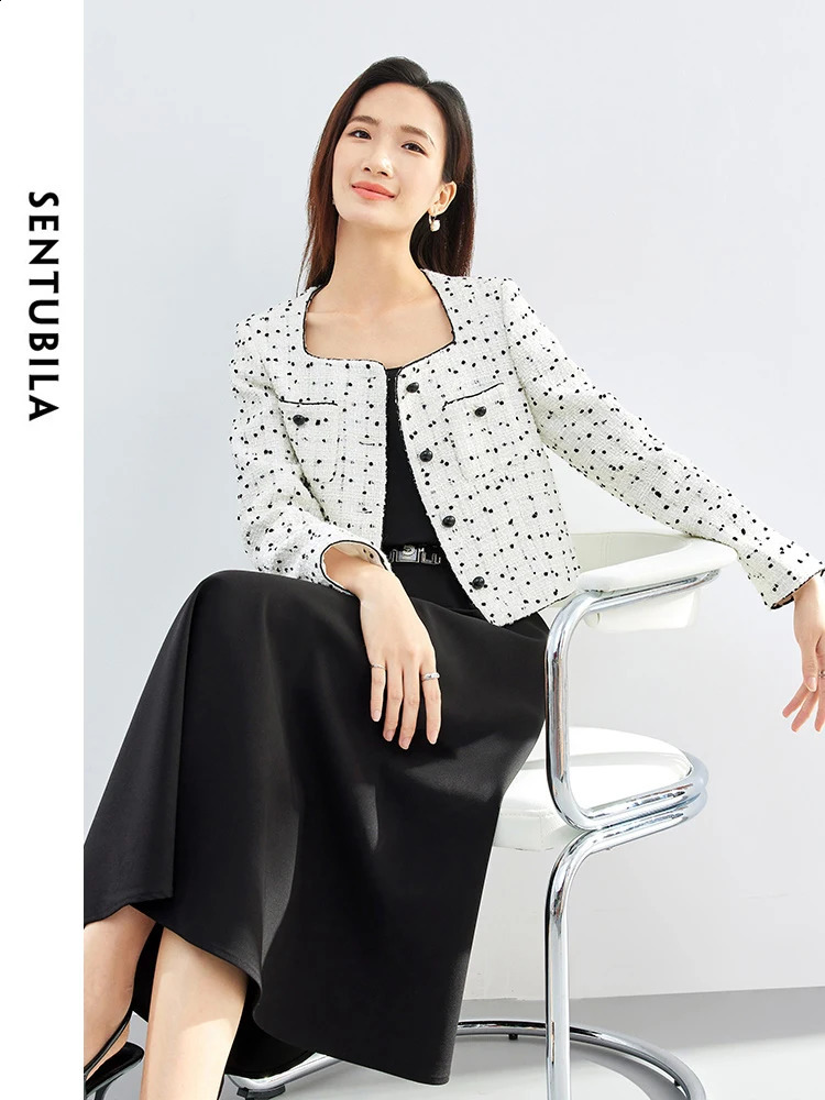 SENTUBILA Black Dot Cropped Tweed Jacket Women Spring Autumn Outerwear Elegant Long Sleeve Square Collar Coat 141W52942 240812
