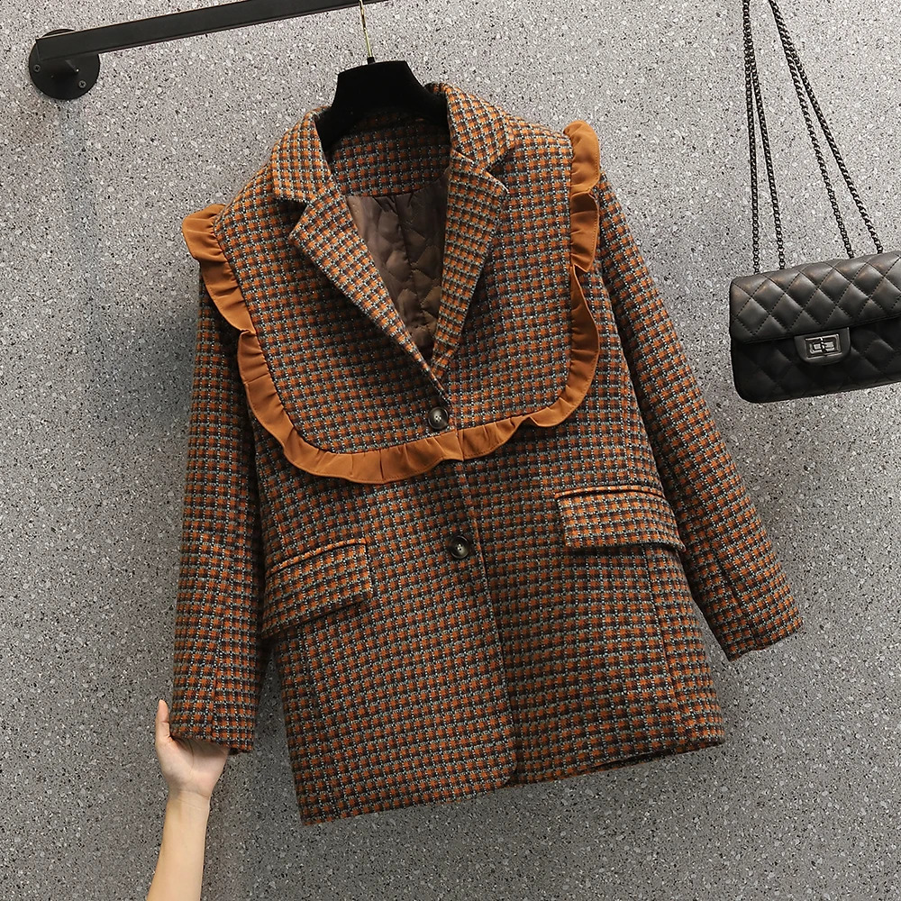 Winter Coat Women Woolen Cloth Plaid Blazer Vintage Oversized Green Checked Thicken Warm Ladies Tweed Jacket Female Wool Coats 240812