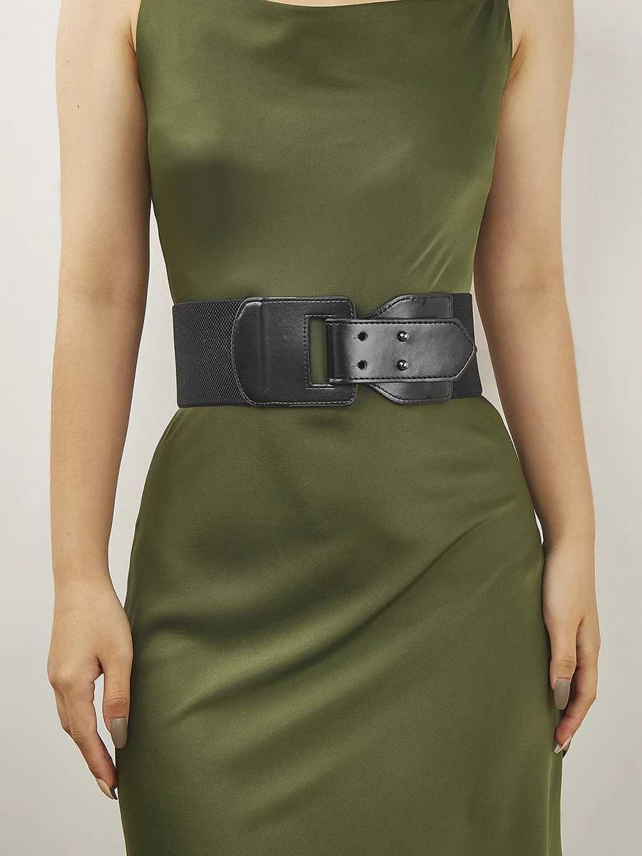 Belts Black Elastic Belts For women Girdle Folding Pu Buckle Fashion Innovation Dress Ladies Waist decorative Accessories Corset Y240810QDLF
