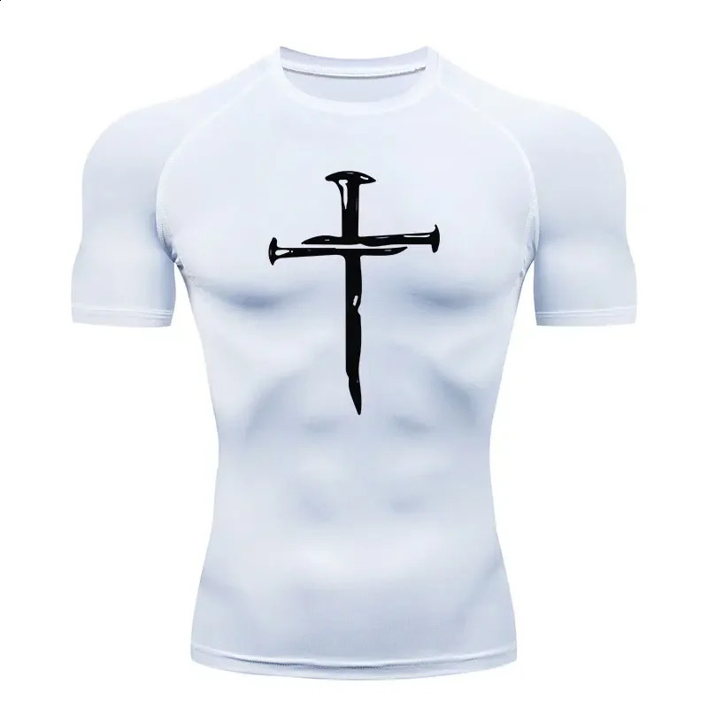 2024 Mens Quick Dry Cross Print Sportswear Running Compression Shirt Athletic Muscle Gym Undershirt Sport Tops S3XL 240810