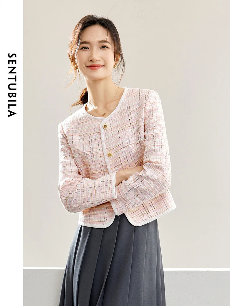 SENTUBILA Women Pink Tweed Jacket Autumn Elegant Round Neck Long Sleeve Single Breasted Straight Short Jackets W41W53601 240812