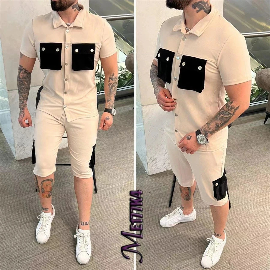 Summer Mens Short sleeved Polo Neck Shirt Shorts Casual Mens Two Piece Set 240812
