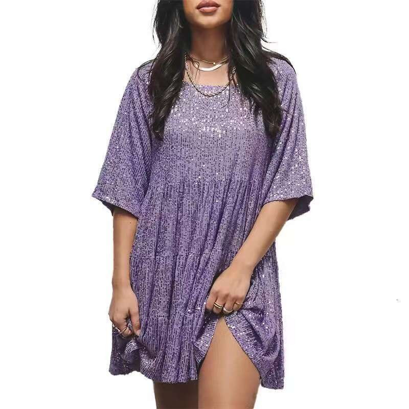 New Fashion Sequin Round Neck Loose Waist Sleeve Short Banquet Dress Waist Self-cultivation Bifurcated Novelty Temperament Lace Dress Silk Dress