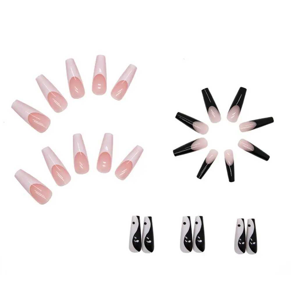 24 pieces of long coffin fake nails white black design wearable French ballet dancer fake nails press full set ergonomic nail tips W240810
