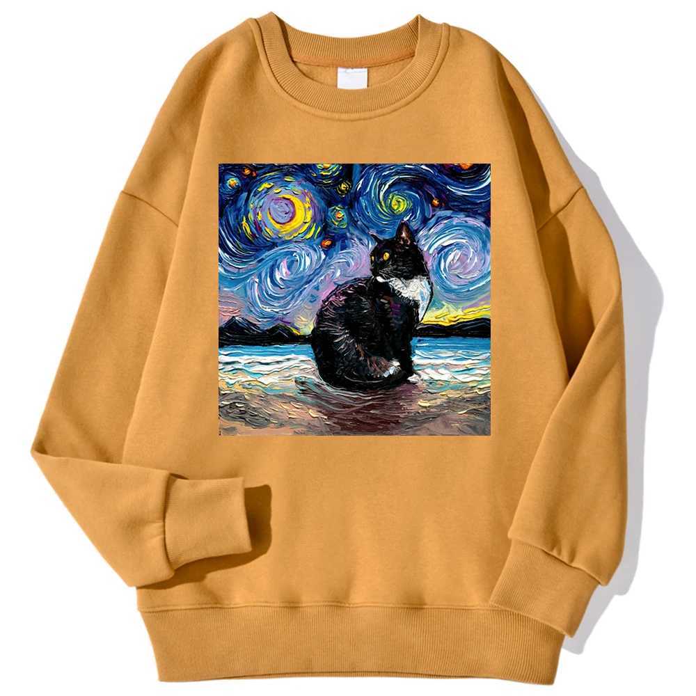Cat Starry Sky Universe Prints Mens Sportswear Fashion Loose Autumn Hoodie Soft Wool Casual Zipper Simple O-neck DressW240724