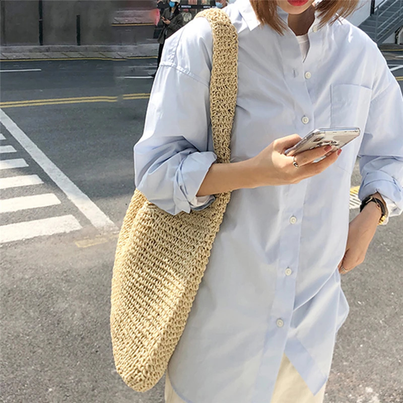 Womens casual large capacity straw shoulder bag womens handmade summer beach latte womens messenger handbag 240930