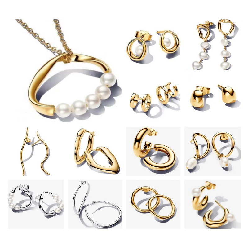 Trendy s925 Sterling Silver Pearl Charm Stud Drop Cuff Earrings Women 18K Gold Filled for PAN Birthday Gift Necklace Pendant Bangle Jewelry E015