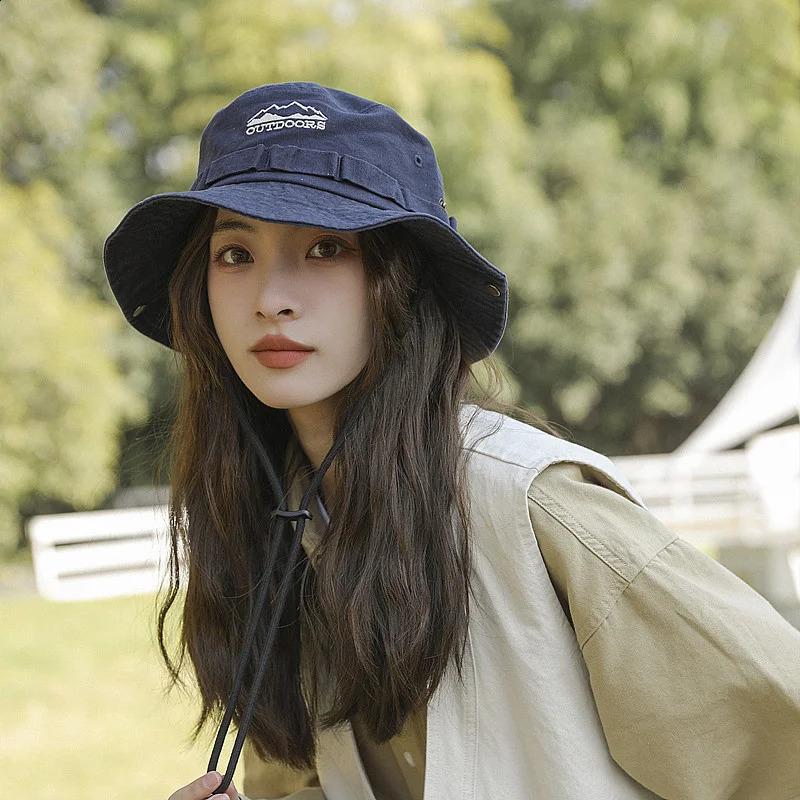 Outdoor mens bucket hat summer UV resistant line width Brim Panama hunting hiking letter embroidery fisherman beach sun 240812