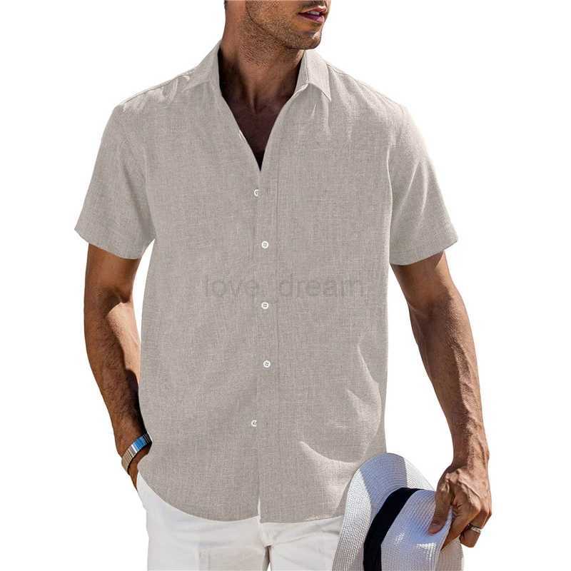 men Cotton Linen Hot Sale Mens Short-Sleeved Shirts Summer Solid Color Turn-down collar Casual Beach Style Plus Size topXJ240812