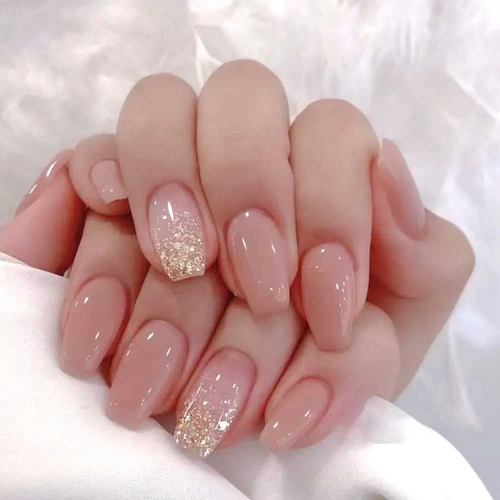 24 pieces of long ballet dancer fake nails French glitter gold pink aurora fake nails fully covered press DIY detachable nails W240810