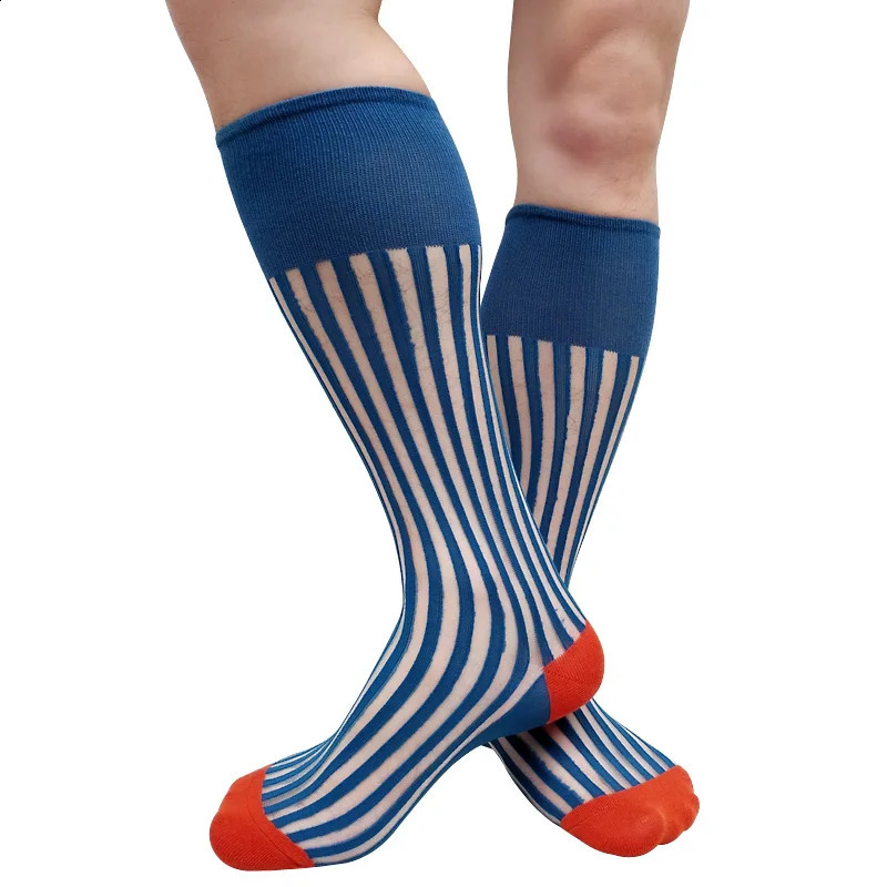 See Through Striped Mens Formal Socks Over the Calf Dress Suit Male Sexy Stocking Lingerie Business Long Tube Hose Softy Funny 240812
