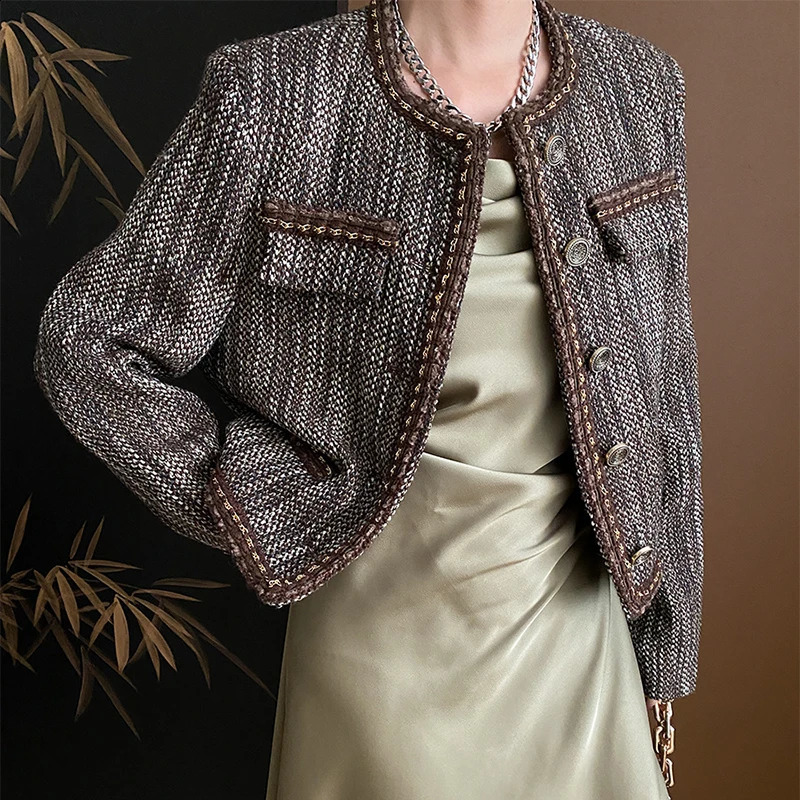 Contrast Woven Tweed Jacket Women Spring Autumn Trend Classic O-neck Single Breasted Elegant Cropped Wool Blend Coats 240812
