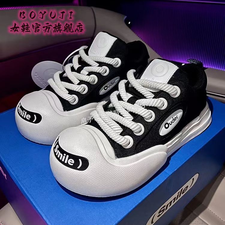 Ddmysports Coal Ball Casual Breathable Open Mouth Laughing Lesbian Couple Canvas Low Cut High Rise Black And White Big Toe Board Shoes Ins Female Outd