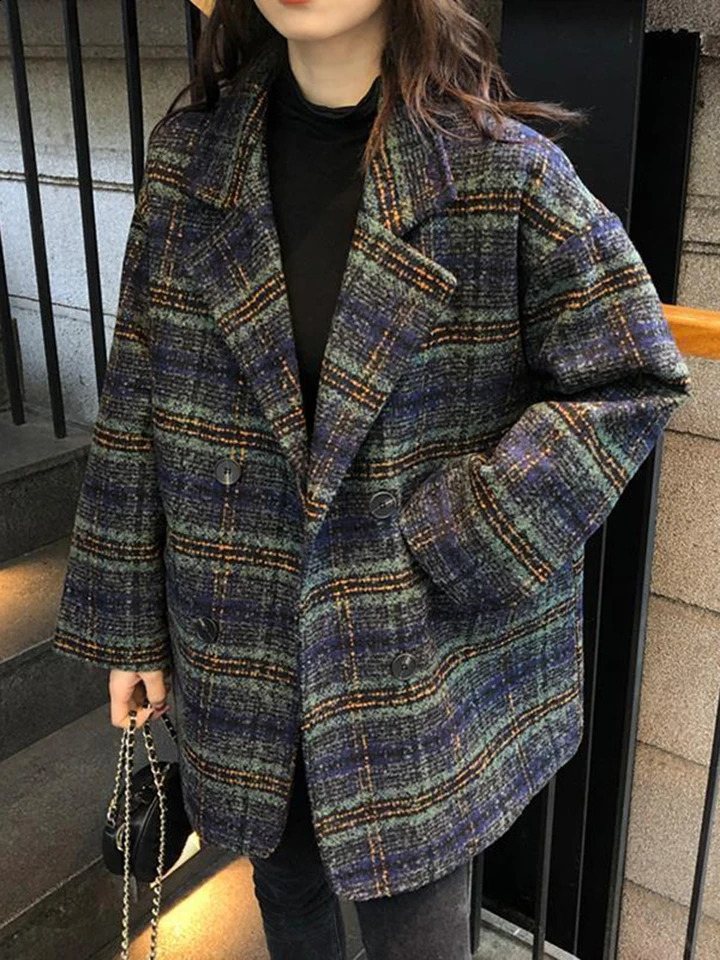 Zoki Korean Plaid Tweed Jacket Women Vintage Loose Casual Long Sleeve Suit Coat Elegant Retro Pockets Double Breasted Outwear 240812