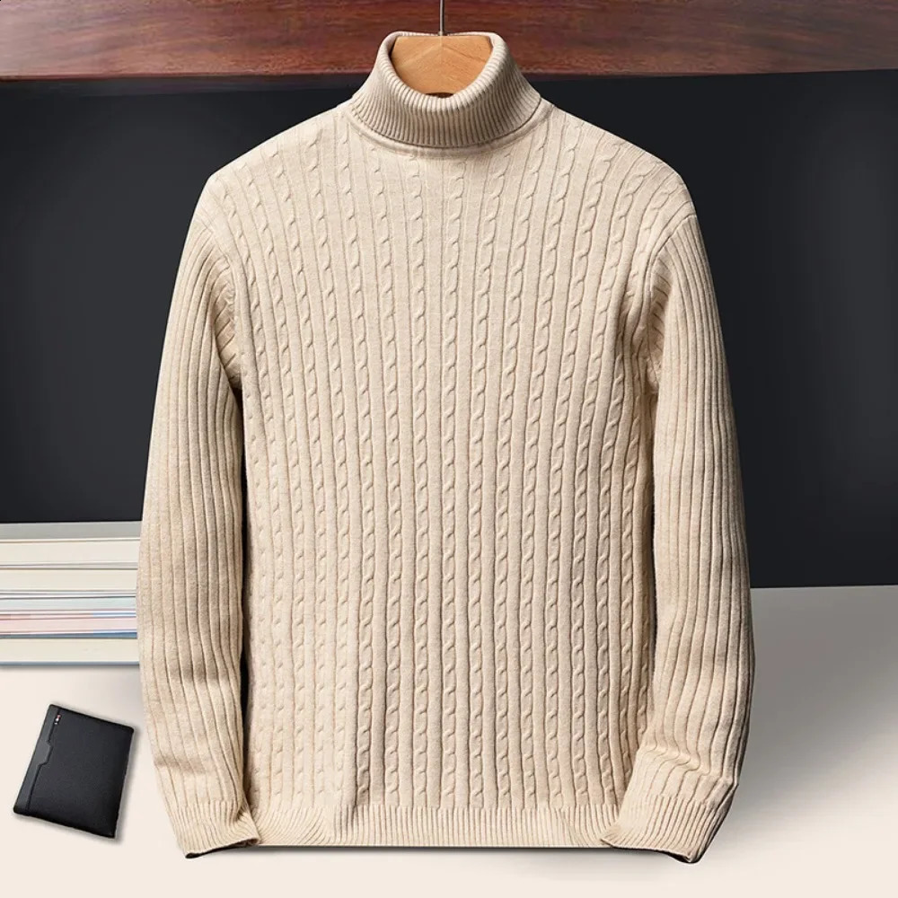 Mens Turtleneck Sweaters Autumn Knitted Striped Streetwear Warm Long Sleeved Pullover Solid Color Basic Style Casual Tops 240809