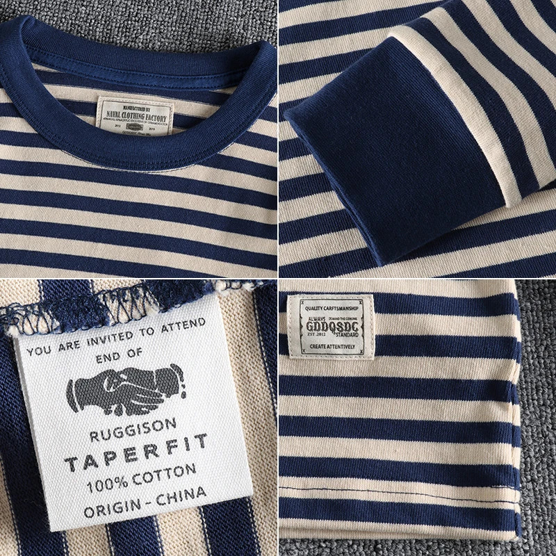 Autumn American Retro Long-sleeved O-neck Striped T-shirt Mens Fashion Simple 100% Cotton Washed Casual Sport Tops 240812