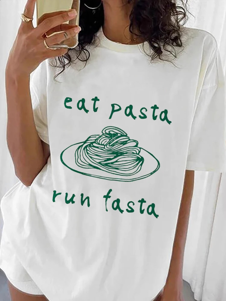 Eat Pasta Run Fasta T-Shirt Summer Cute Print Cartoon Fun Print Pattern Womens Fashion Style Clothing Beach Top T-Shirt. 240812