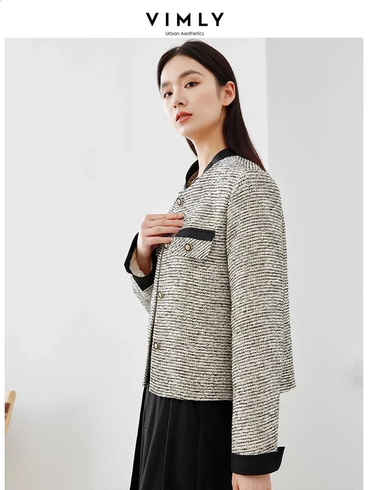 Vimly Contrast Striped Elegant Tweed Jacket Spring Black White O-neck Single Breasted Straight Short Coat Female M5197 240812