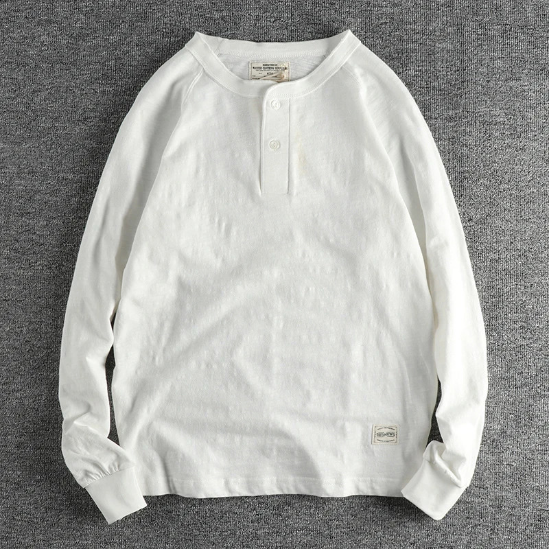 Autumn American Retro 200g Long Sleeve Henry Collar T-shirt Mens Fashion 100% Slub Cotton Washed Casual Tough Guy Tops 240812