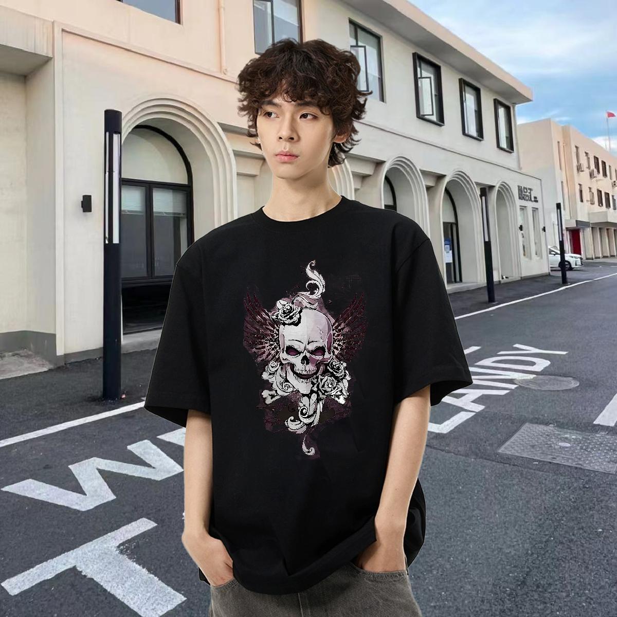 2024 DIY T shirt skull Clothings 230g 100% Cotton Casual Daily Wear Loose Custom Printed O Neck Short Sleeves Men Tops Tees