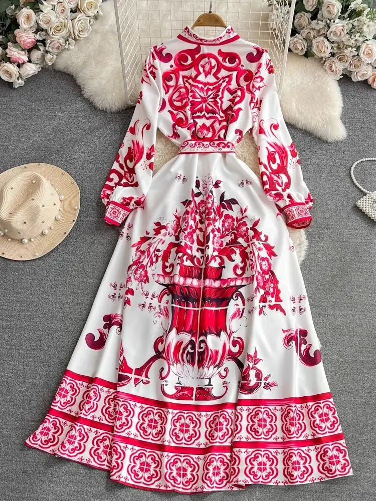Autumn Fashion Blue And White Porcelain Vinatge Dress Women Clothing Lapel Collar Single Breasted Lace Up Holiday Maxi Vestidos 240812