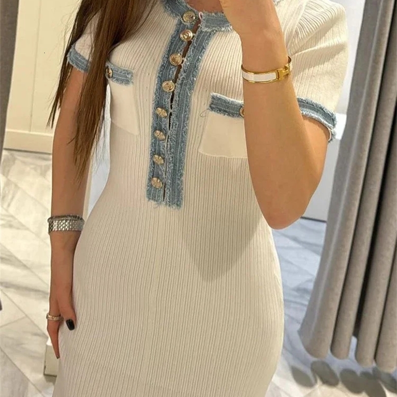 Elegant V Neck Denim Patchwork Knitted Long Dress Women Fashion Short Sleeved Buttons Bodycon Dresses Office Lady Pockets Robes 240810CJ