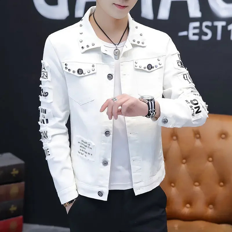 Mens denim jacket with short rivets casual ultrathin white mens Jean Coats Korea Lxury washed in the fabric Rock Joker at lowest price size L 240807