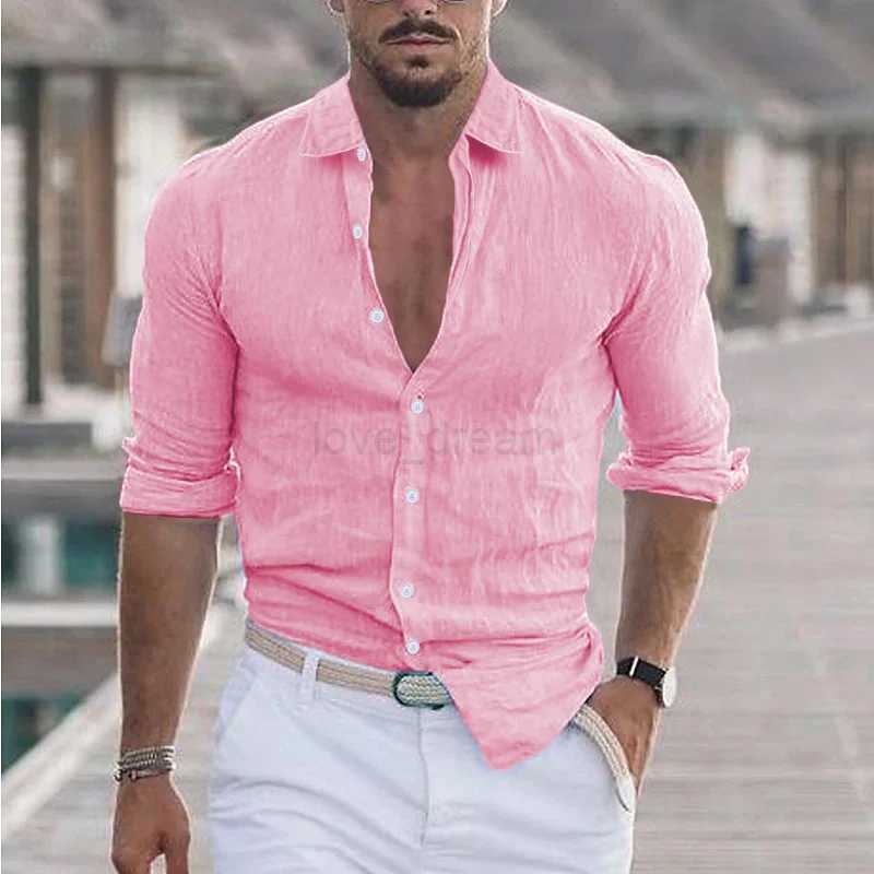 Mens Summer Cotton And Linen Loose Lapel Beach Shirt Casual Lazy Long Sleeve Solid Color Hawaiian Campfire Holiday WearXJ240812
