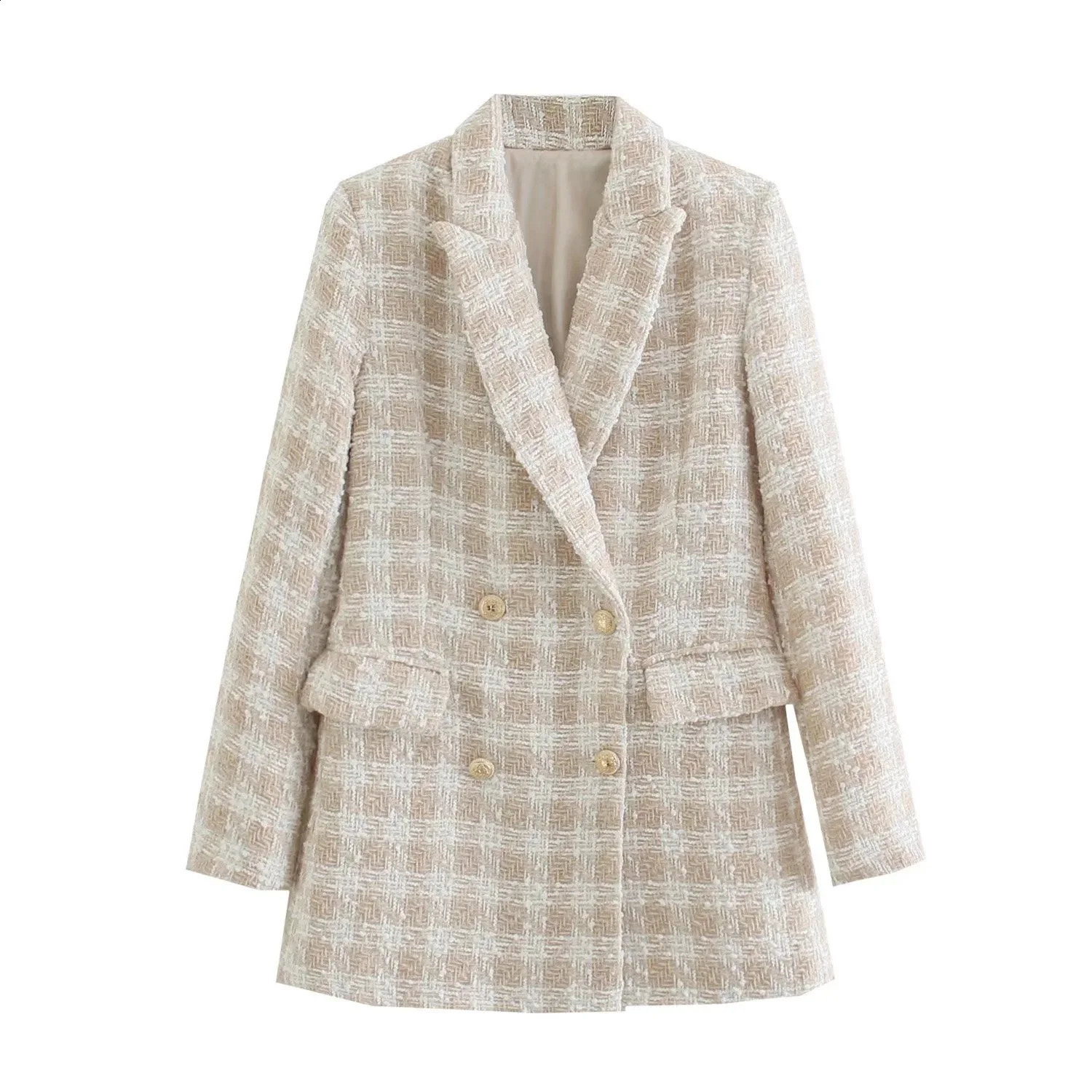 Ladies Vintage Plaid Tweed Double Breasted Spring Autumn Jacket Women Blazer Coat Pockets Female Outerwear Veste Blazer Femme 240812