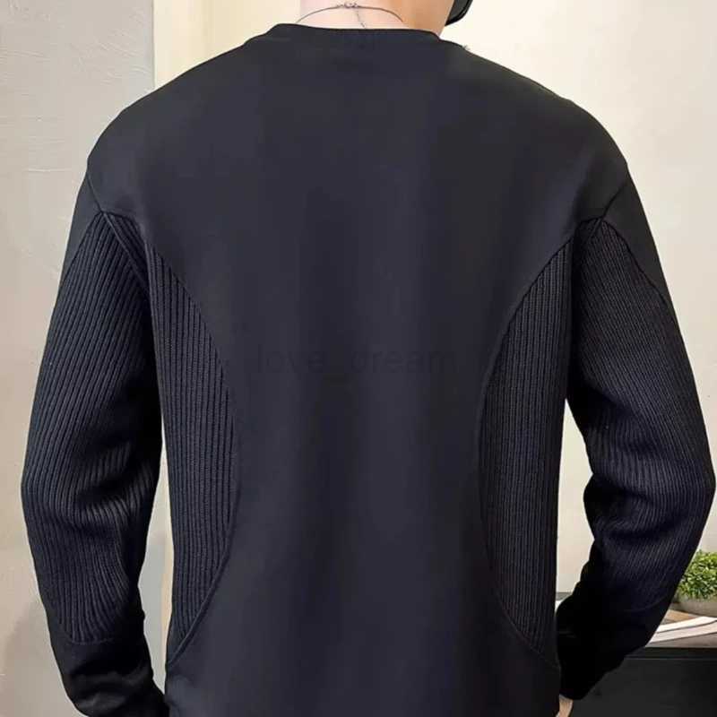 Trendy Korean Spring Autumn Mens 2024 New Spliced Pullover O-Neck Screw Thread Solid Color Loose Casual Long Sleeve SweatshirtsXJ240812