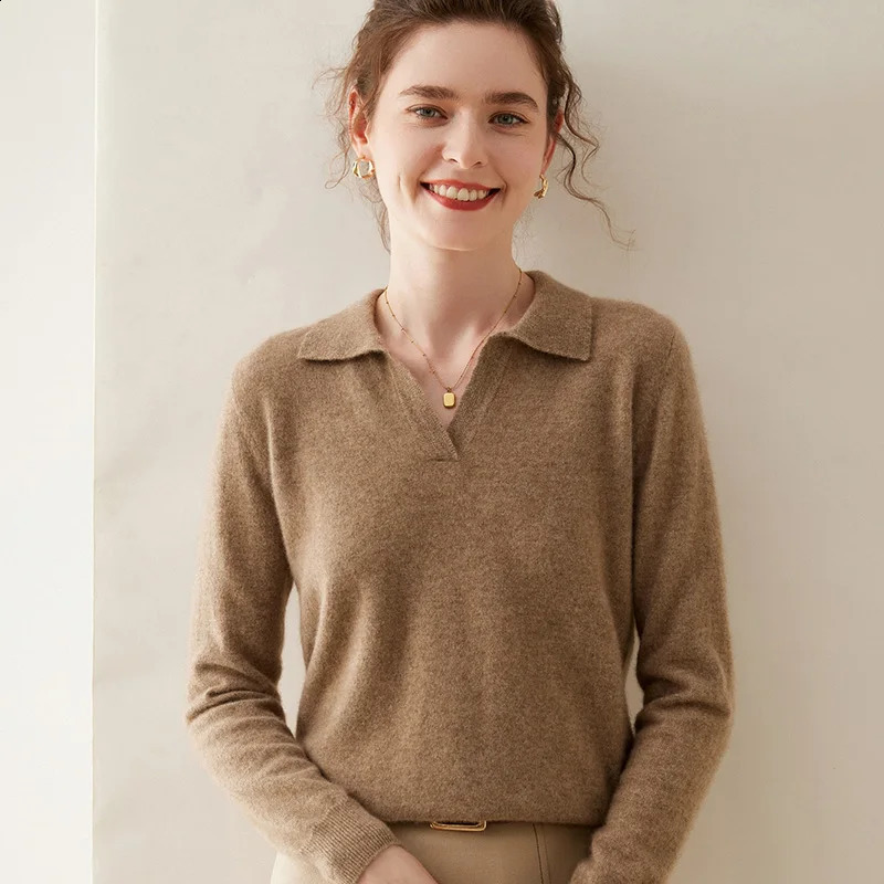 Winter Pure Cashmere Knitted Pullover V-Neck Long Sleeve Cashmere Womens POLO Neck Sweater Top Womens Style 240812