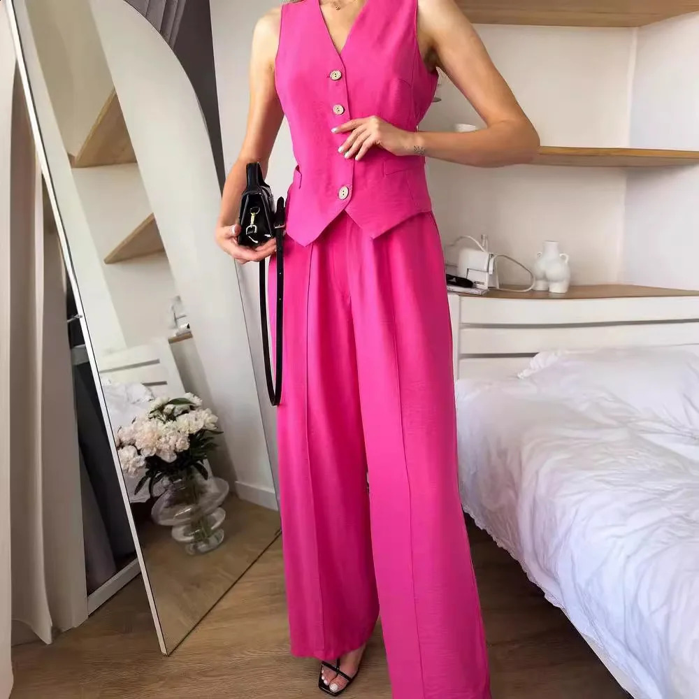 Womens Two-piece Solid Color V-neck Sleeveless Button Down Vest with Hanging Wide Leg Pants Casual Set for Summer 240812
