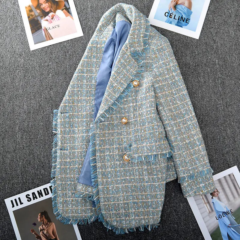 Large Size Womens Tweed Suit Spring Autumn Long Sleeve Vintage Double Breasted Tassel Loose Blazer Jacket Z888 240812