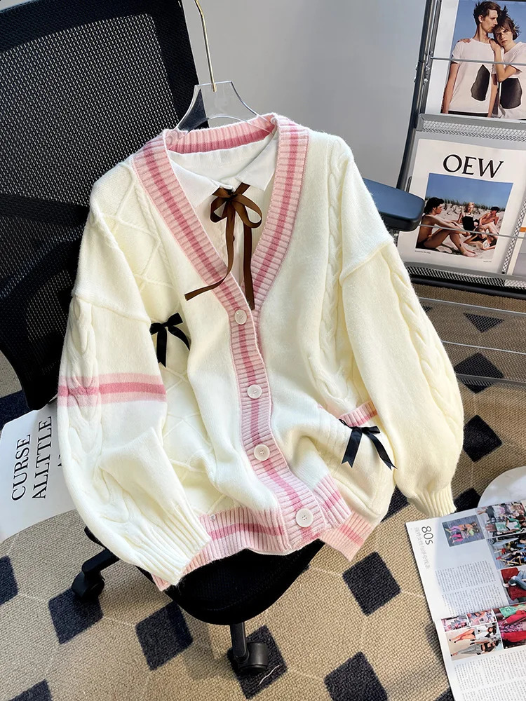 Womens Pink V-Neck Cardigan Knit Sweater Harajuku Y2k Kawaii Long Sleeves Bow Sweater Vintage 90s 2000s Aesthetic Clothes 240812