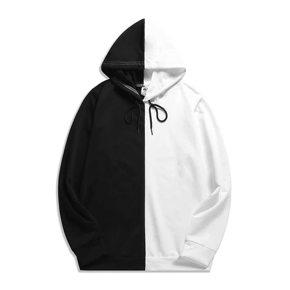 Mens Hoodie Long Sleeve Black and White Splicing Work Loose Oversized Sweater Harajuku Basic Casual HoodieW240724