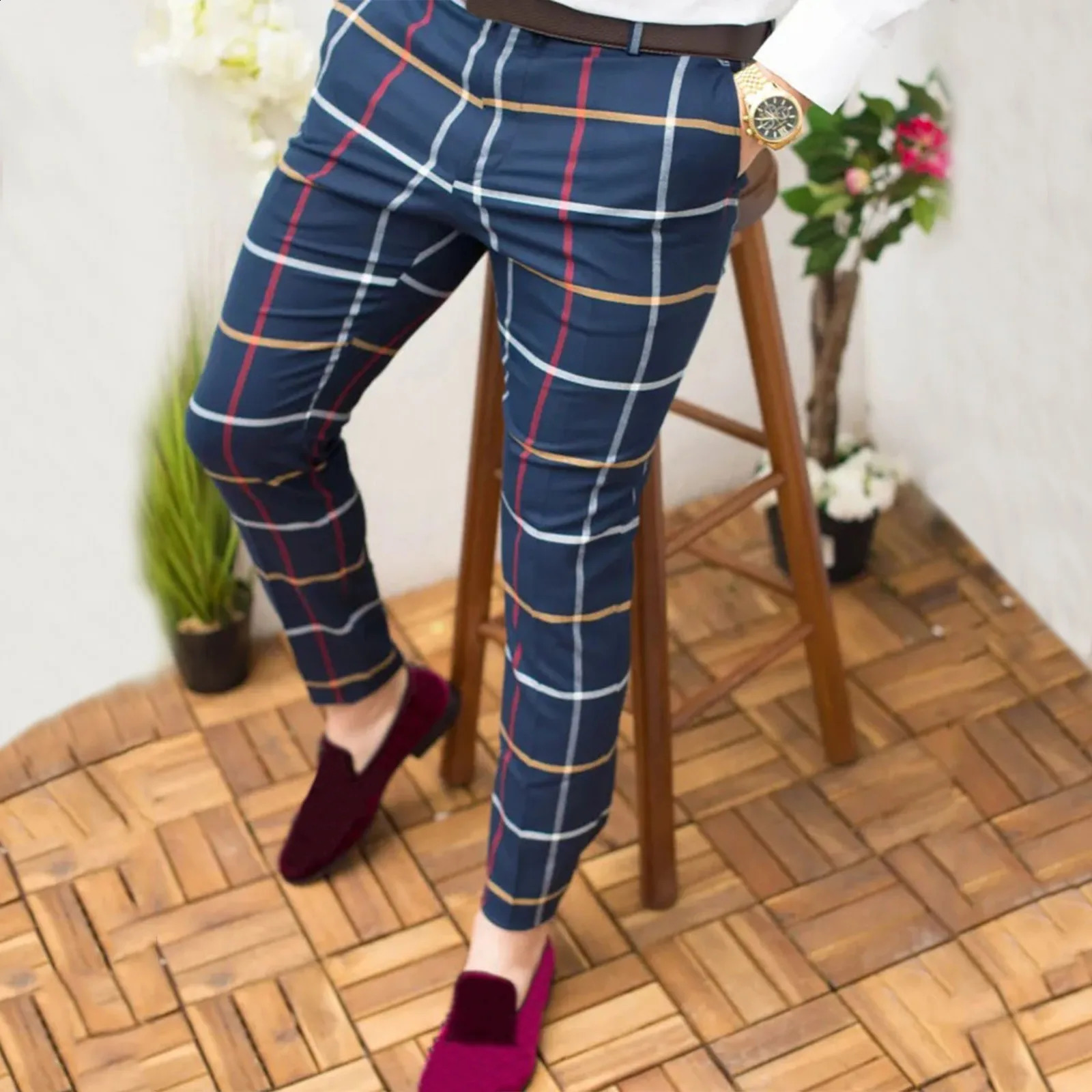 Plaid Print Casual Cargo Pants For Men Plus Size Pencil Pants Zipper Elastic Waist Pants Streetwear Male Sports Sweatpants 240812