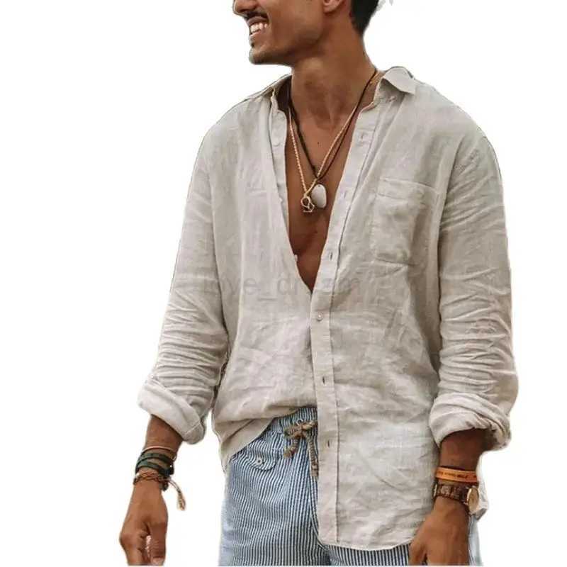 Summer Mens Linen Long Sleeve Shirt Thin Cool Clothes Loose Hawaiian Korean Fashion Street Dress New T-shirtXJ240812