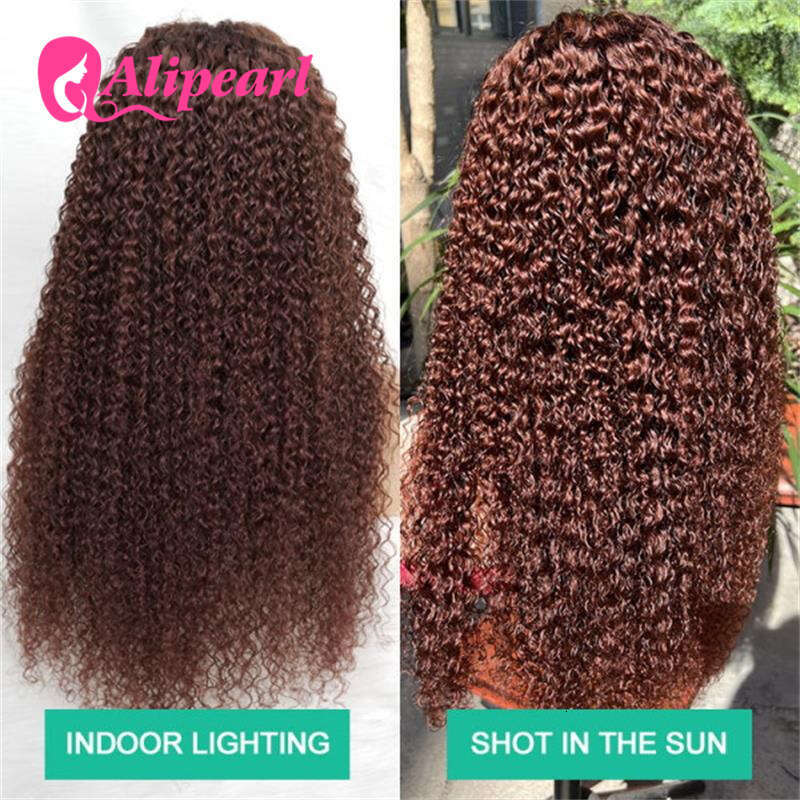 Alipearl Kinky Curly Human Hair Wigs Reddish Brown Transparent 13X4 Lace Front Preplucked For Women Peruvian Wig