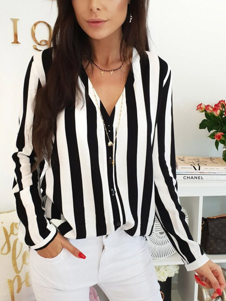 2024 New Blouse Women Casual Striped Top Shirts Blouses Fema