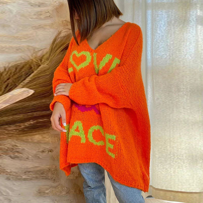Crocheted Letter PEACE LOVE Knitted Sweater Womens Autumn V-neck Loose Top Pullover Winter Long Sleeve Female Jumper Harajuku 240812