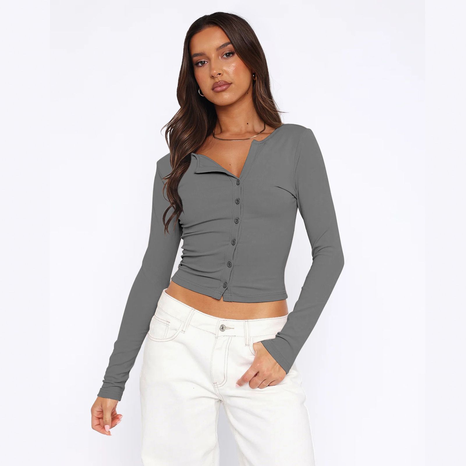 Autumn and winter solid color soft button short jacket long sleeved slim fit style top cardigan fashionable women's clothing dongdumaoyi