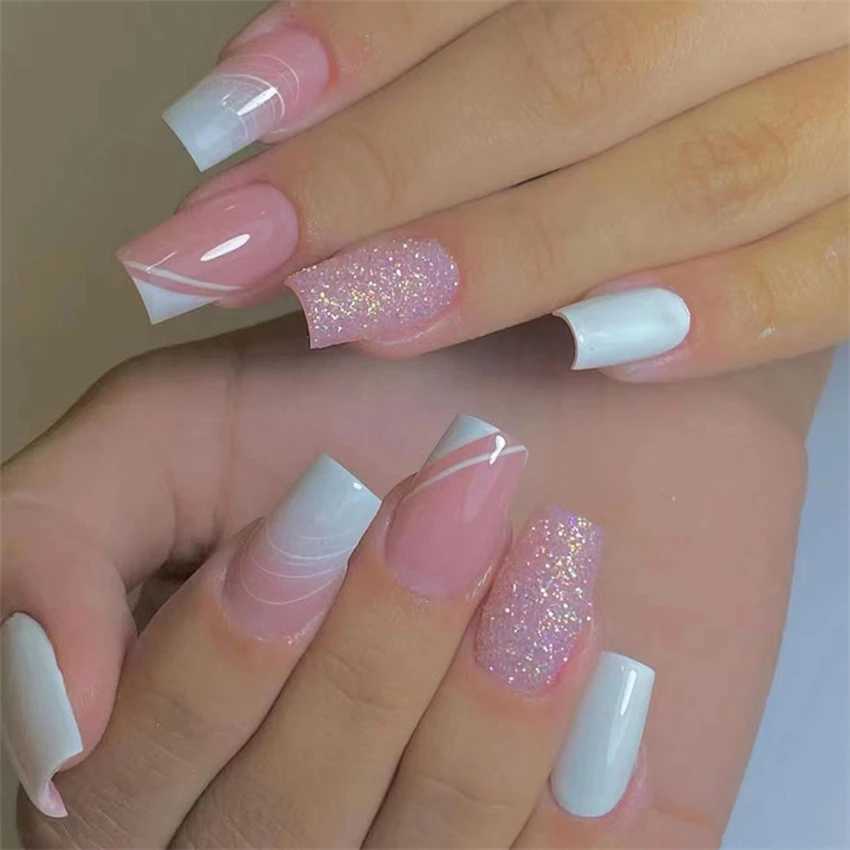 24 pieces/Rectangular Head Ballet Fake Nail Marble Perforated Coffin Fake Nail Full Cover Acrylic Nail Tip Artificial Press Machine W240810