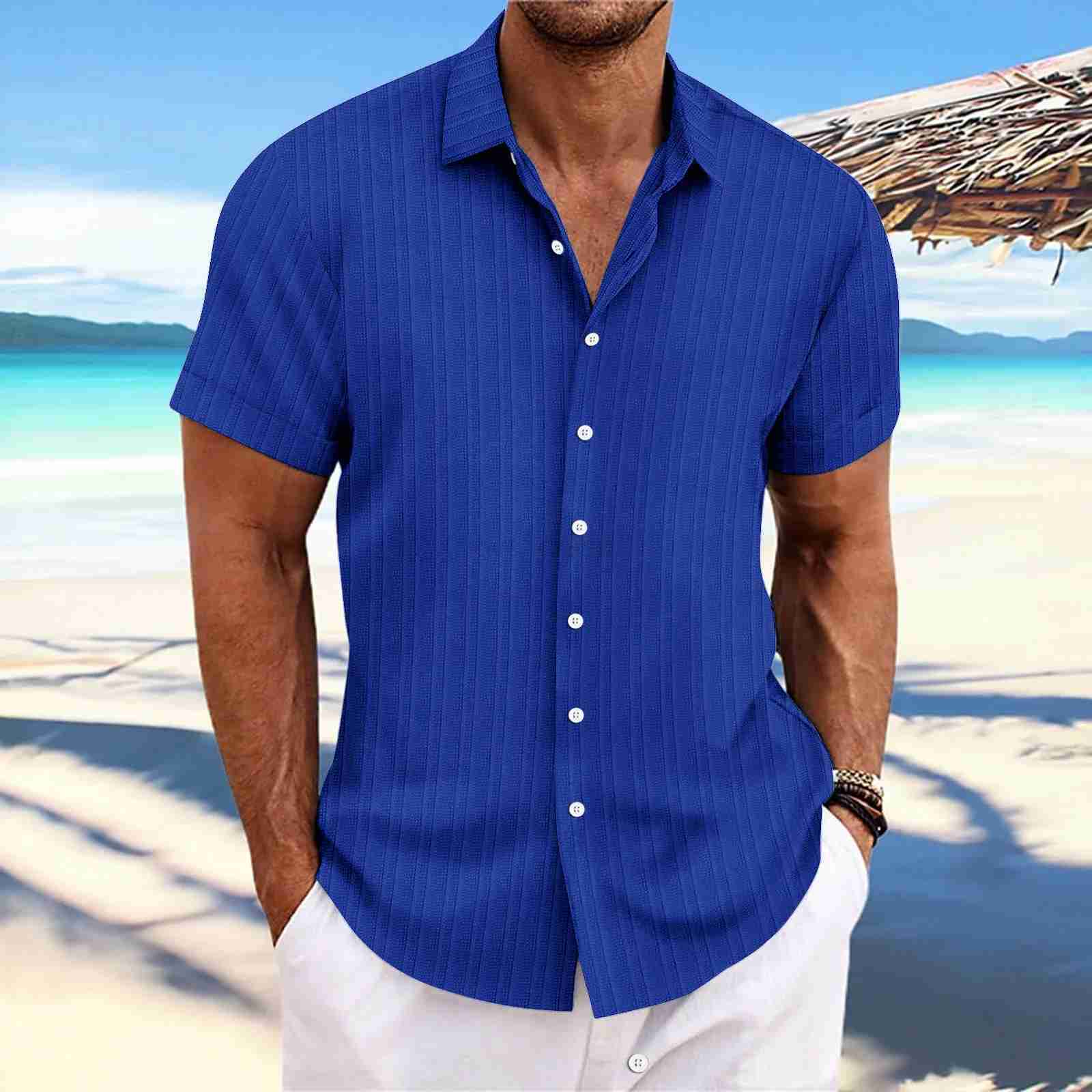 2024 New Mens Cotton And Linen Striped Trend jacquard Casual Loose Short Sleeve ShirtXJ240812