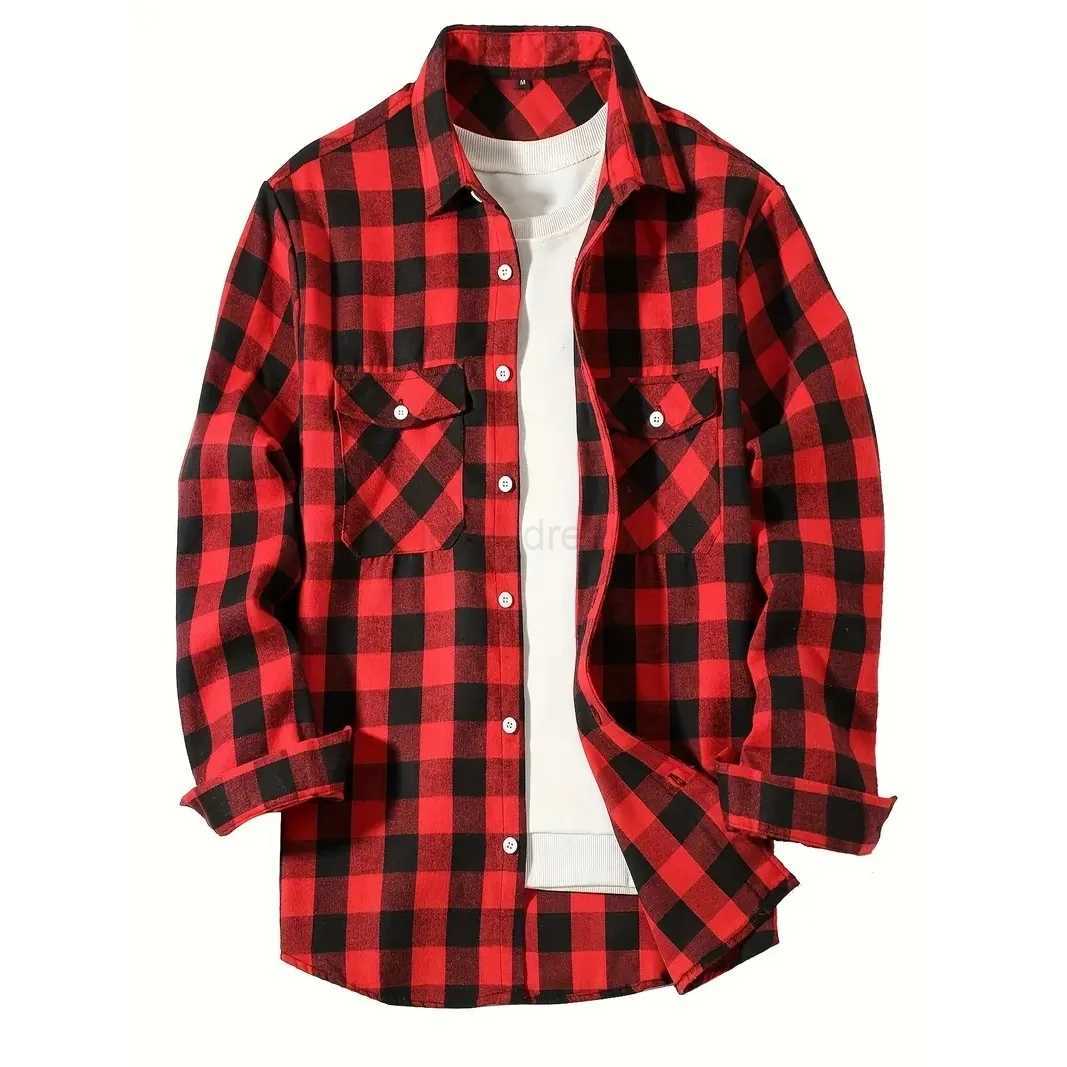 Mens Shirts Button-Up Classic Plaid Smart Casual Flannel Shirt Long Sleeved Chest Two Pockets Design Spring Autumn Men TopsXJ240812