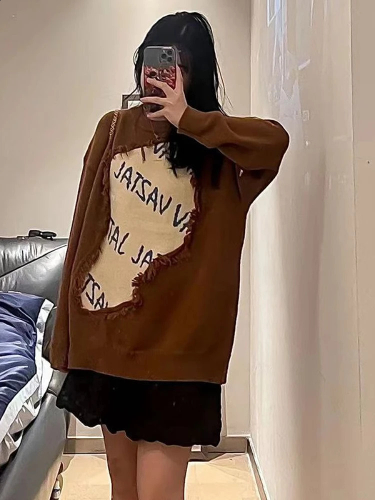 HOUZHOU Vintage Oversized Sweater Women Autumn Winter Letter Harajuku Streetwear Chic Y2k Top Knitted Couple Outfit Loose Casual 240812