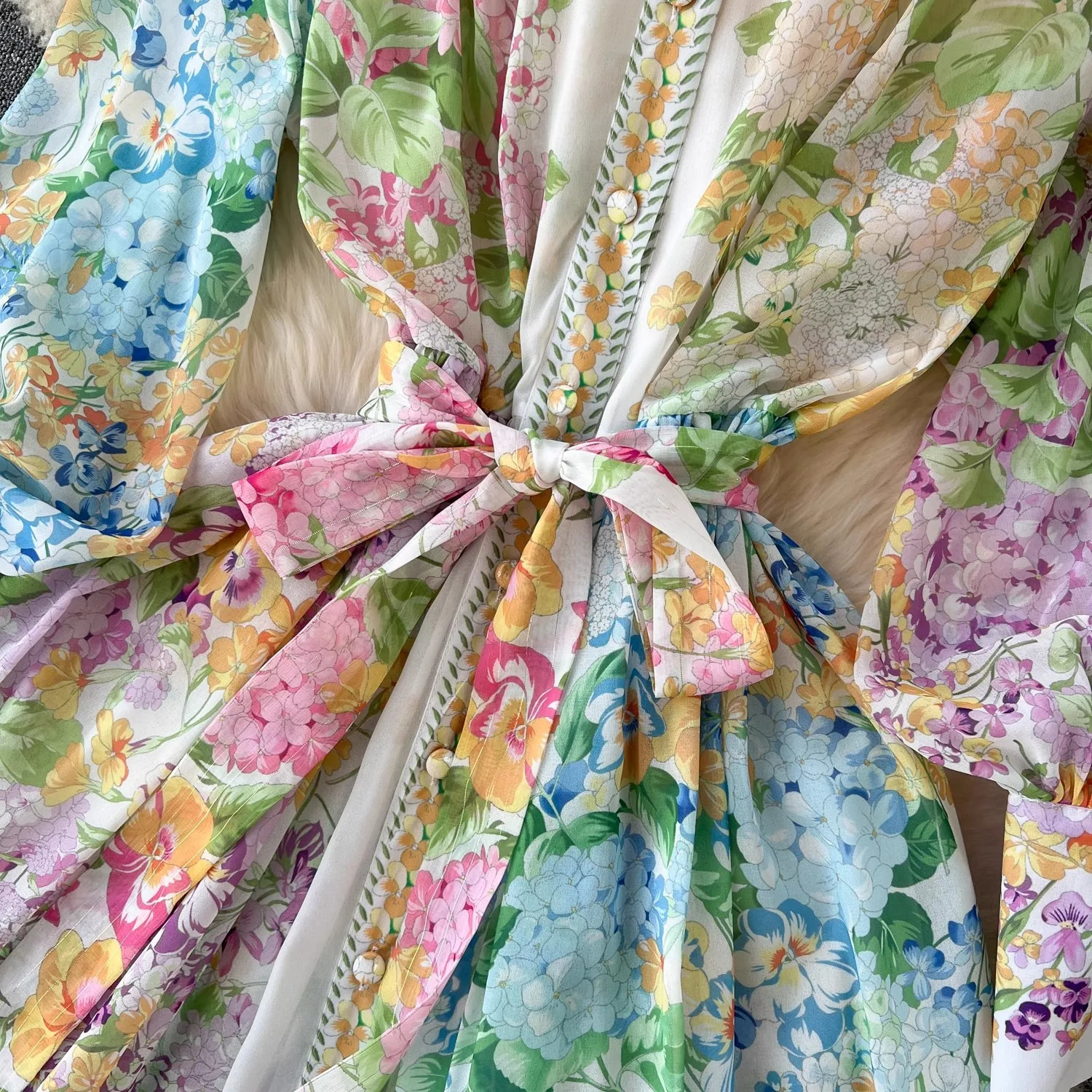 Fashion Runway Gorgeous Flower Holiday Chiffon Dress Women Stand Long Lantern Sleeve Floral Print Belt Lace Up Boho Robe Vestido 240812