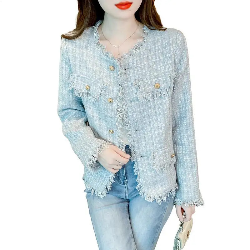 Light blue tweed tassel short jacket spring and autumn womens clothing jacket 240812