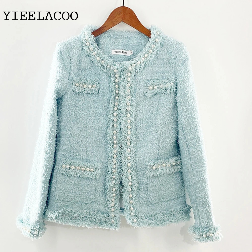 Light blue tweed jacket spring /autumn / winter jacket temperament One piece round neck coat Handmade beads womens jacket 240812